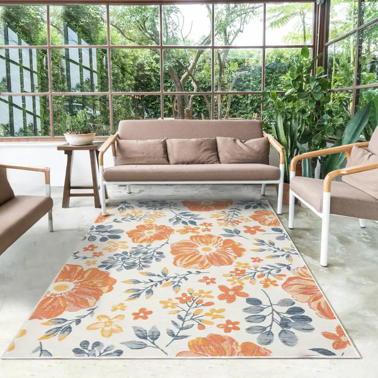 2' X 8' Ivory Orange and Blue Floral Stain Resistant Indoor Outdoor Runner Rug