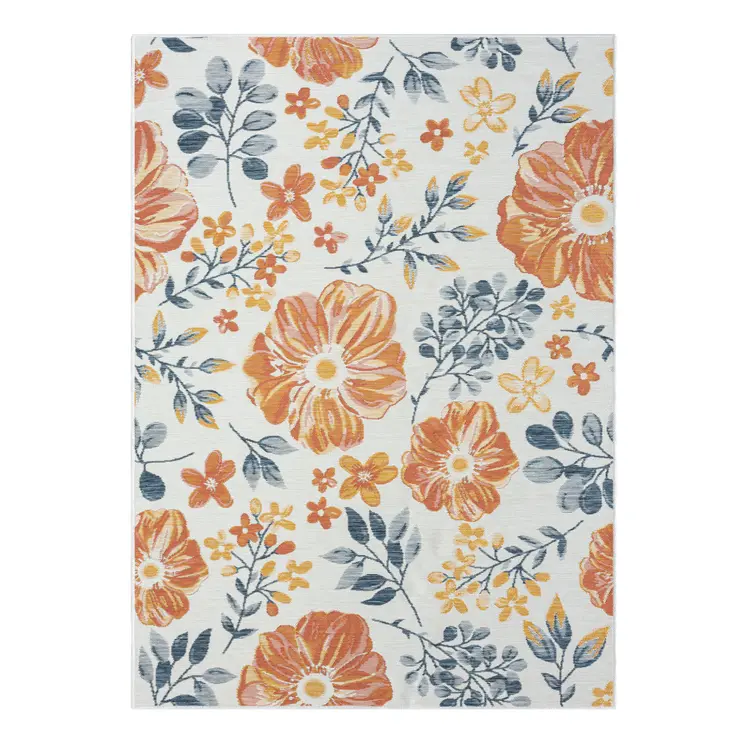 5' X 7' Ivory Orange and Blue Floral Stain Resistant Indoor Outdoor Area Rug