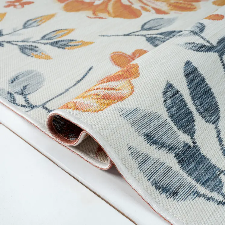 5' X 7' Ivory Orange and Blue Floral Stain Resistant Indoor Outdoor Area Rug