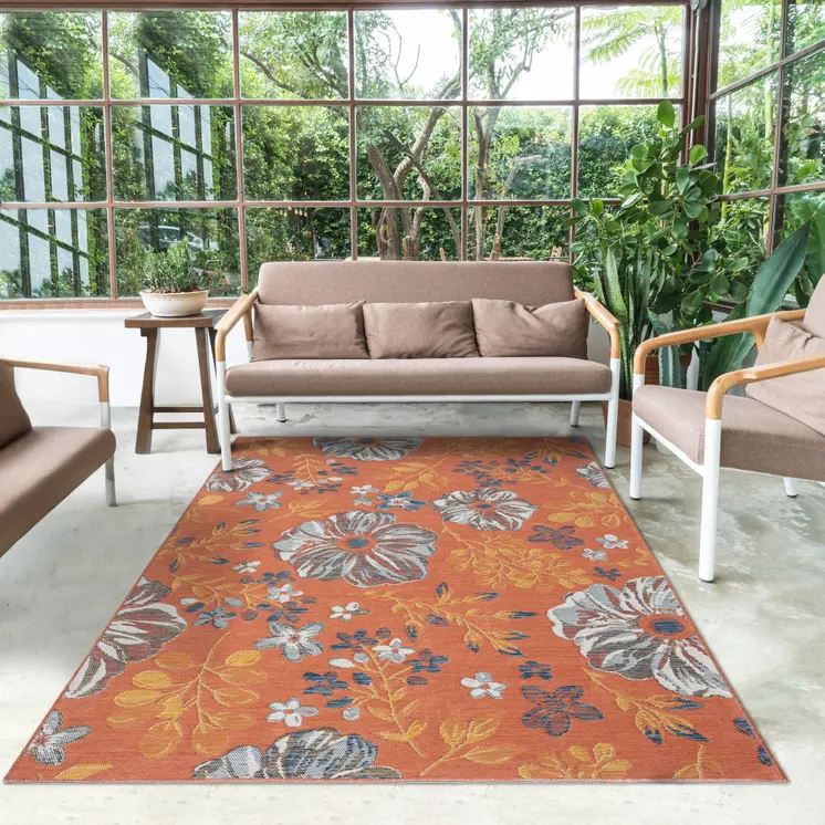 5' X 7' Ivory Orange and Blue Floral Stain Resistant Indoor Outdoor Area Rug