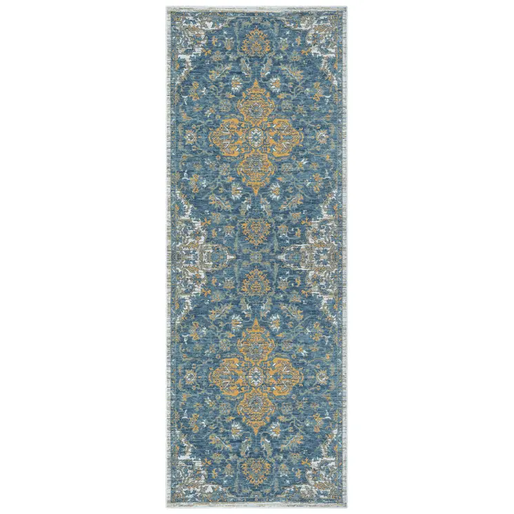 2' X 8' Blue and Ivory Medallion Stain Resistant Indoor Outdoor Runner Rug