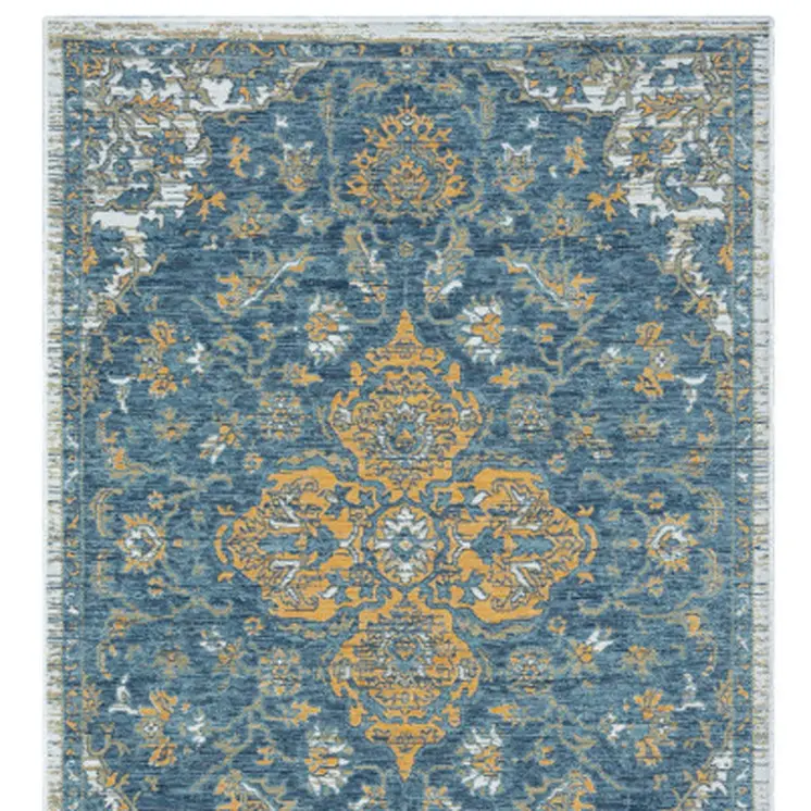 2' X 8' Blue and Ivory Medallion Stain Resistant Indoor Outdoor Runner Rug