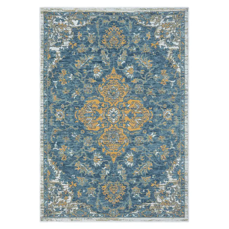 5' X 7' Blue and Ivory Medallion Stain Resistant Indoor Outdoor Area Rug