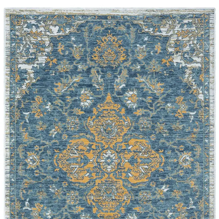 5' X 7' Blue and Ivory Medallion Stain Resistant Indoor Outdoor Area Rug