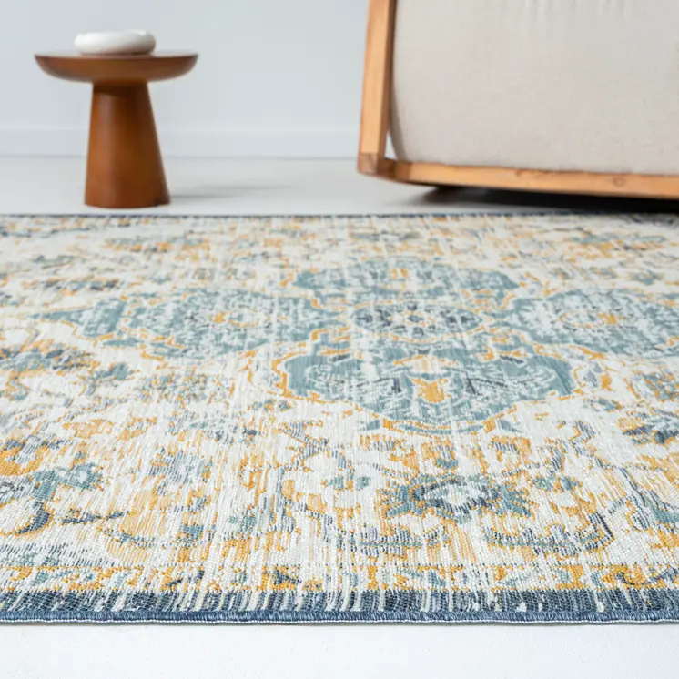 5' X 7' Blue and Ivory Medallion Stain Resistant Indoor Outdoor Area Rug