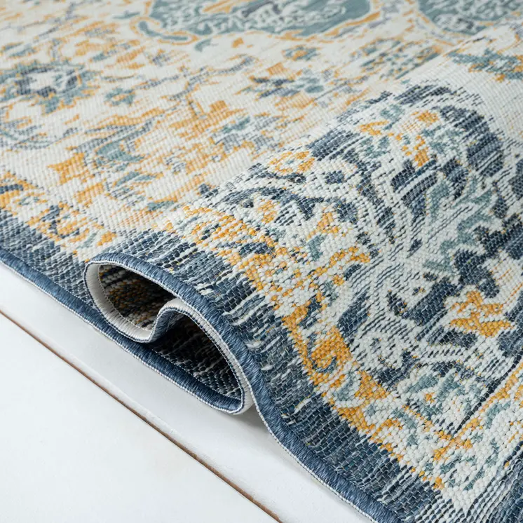 5' X 7' Blue and Ivory Medallion Stain Resistant Indoor Outdoor Area Rug