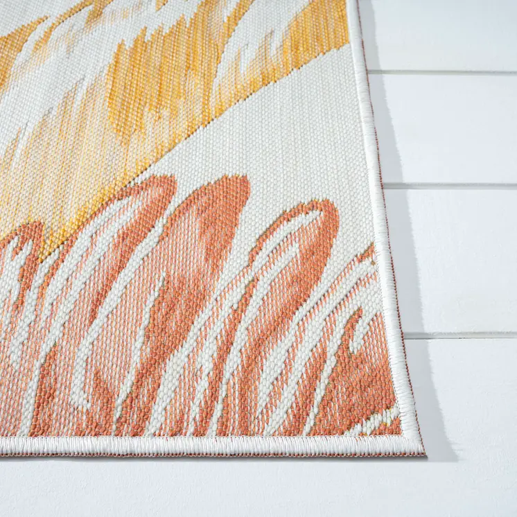 2' X 8' Ivory Green and Orange Palm Leaf Stain Resistant Indoor Outdoor Runner Rug