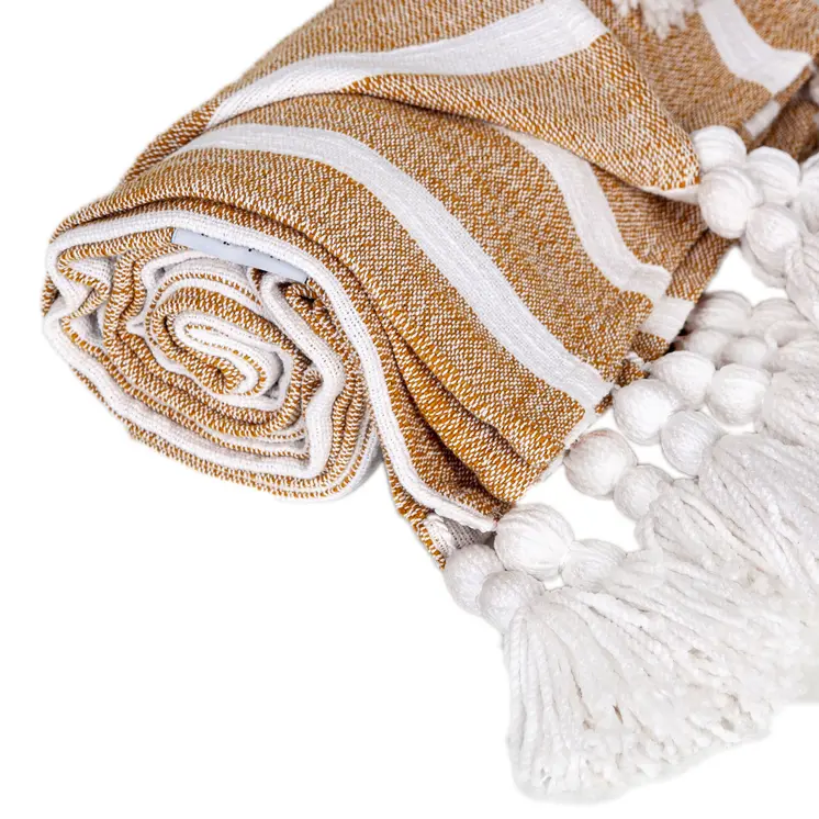 50" X 60" Gold and Ivory Woven Cotton Striped Throw Blanket with Tassels
