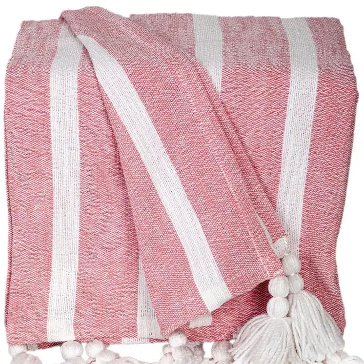 50" X 60" Pink and White Woven Cotton Striped Throw Blanket with Tassels