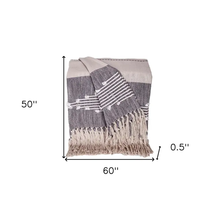 50" X 60" Ivory and Gray Woven Cotton Striped Throw Blanket with Fringe and Embroidery