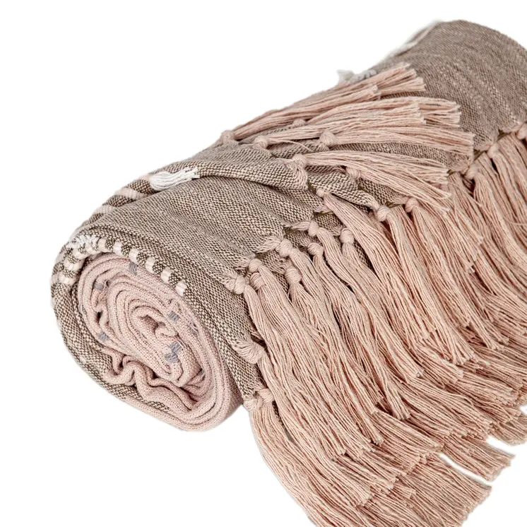 50" X 60" Brown and Tan Woven Cotton Striped Throw Blanket with Fringe and Embroidery