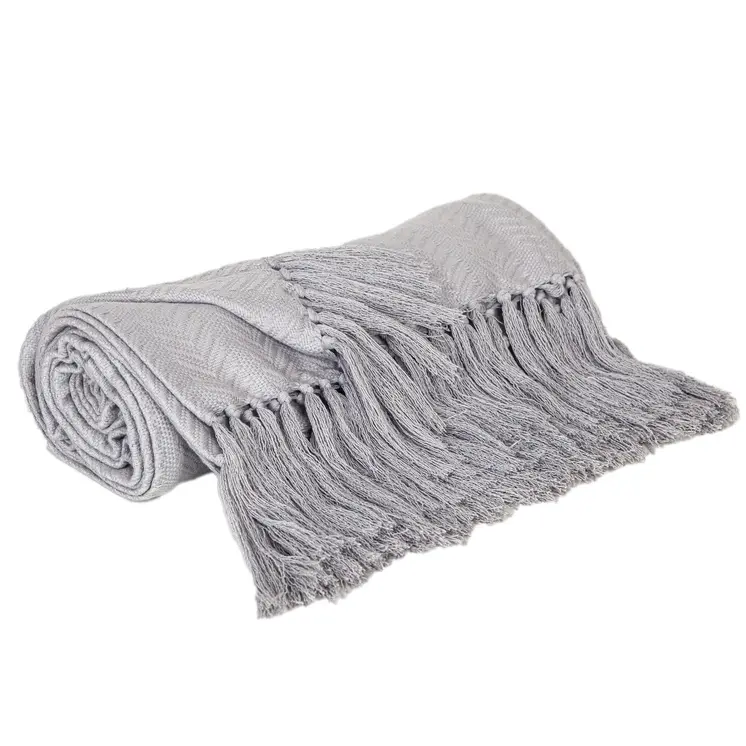 50" X 60" Gray Woven Cotton Herringbone Throw Blanket with Fringe
