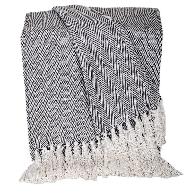 52" X 67" Gray and Ivory Woven Cotton Herringbone Throw Blanket with Fringe