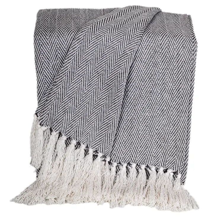 52" X 67" Gray and Ivory Woven Cotton Herringbone Throw Blanket with Fringe