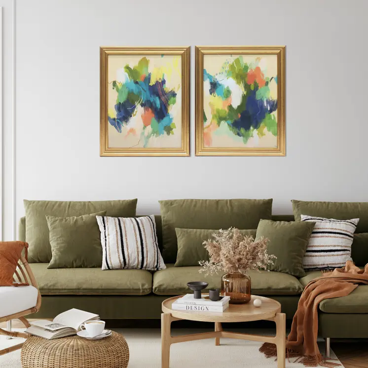 Set Of Two Orange Blue Yellow Abstracts Gold Framed Print Wall Art