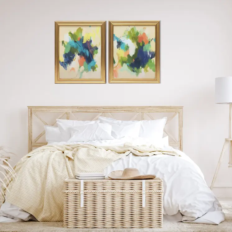 Set Of Two Orange Blue Yellow Abstracts Gold Framed Print Wall Art
