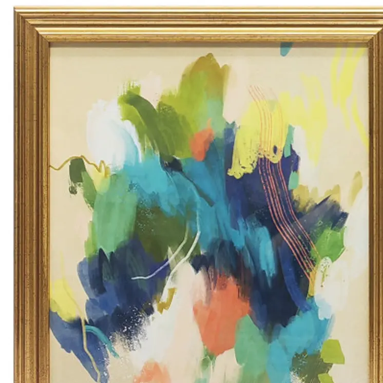 Set Of Two Orange Blue Yellow Abstracts Gold Framed Print Wall Art
