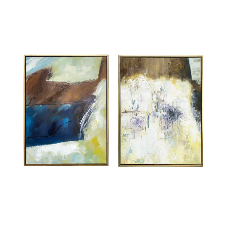 Set Of Two Mod Abstract Blue And Ivory Gold Floater Frame Painting Wall Art