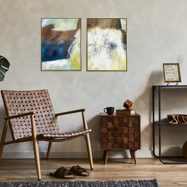 Set Of Two Mod Abstract Blue And Ivory Gold Floater Frame Painting Wall Art