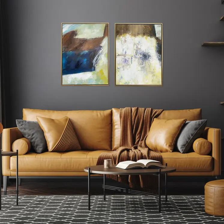 Set Of Two Mod Abstract Blue And Ivory Gold Floater Frame Painting Wall Art