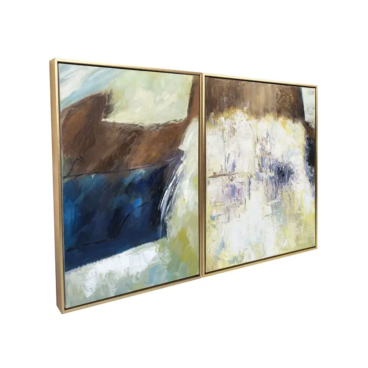 Set Of Two Mod Abstract Blue And Ivory Gold Floater Frame Painting Wall Art