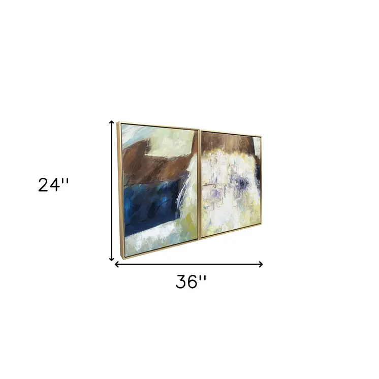 Set Of Two Mod Abstract Blue And Ivory Gold Floater Frame Painting Wall Art