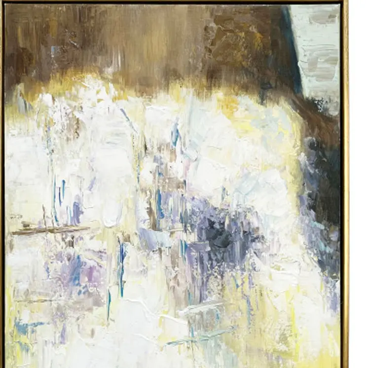 Set Of Two Mod Abstract Blue And Ivory Gold Floater Frame Painting Wall Art