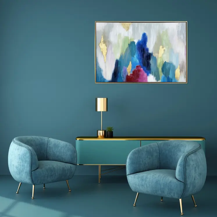 Blue and Multi Mod Abstract Gold Floater Frame Wall Art