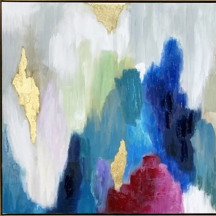 Blue and Multi Mod Abstract Gold Floater Frame Wall Art