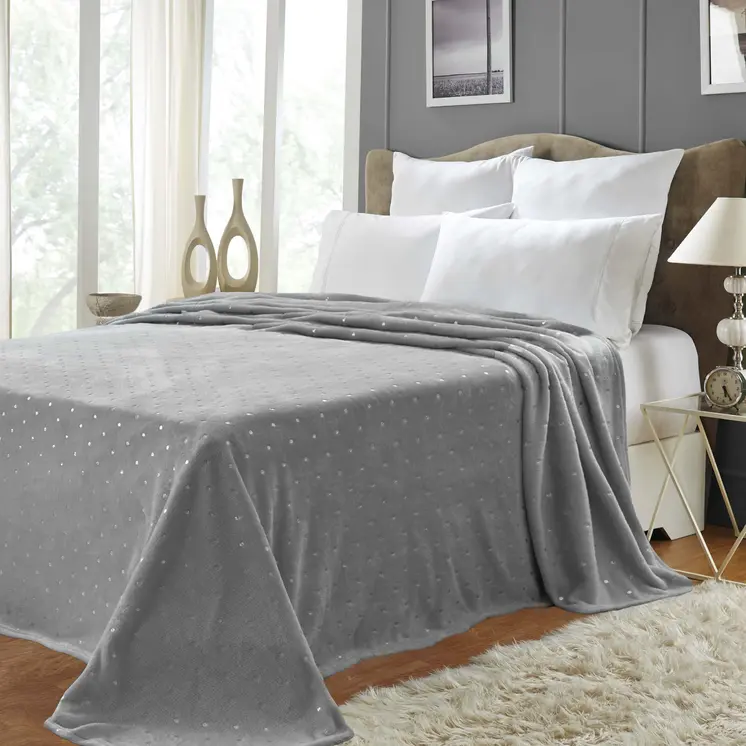 Queen Gray And Silver Fleece Woven Polka Dots Plush Blanket