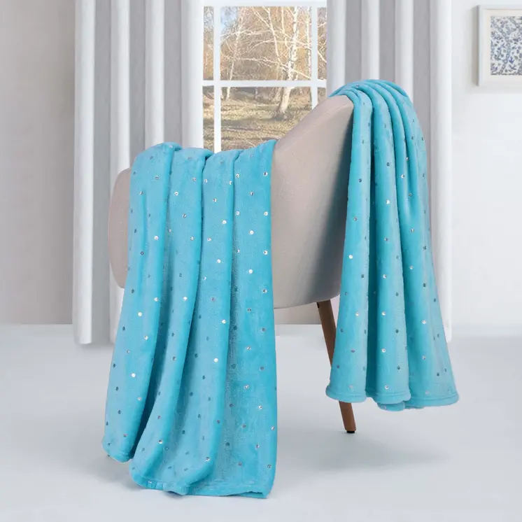 King Light Blue And Silver Fleece Woven Polka Dots Plush Blanket