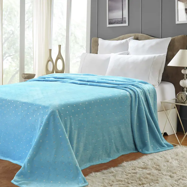 King Light Blue And Silver Fleece Woven Polka Dots Plush Blanket