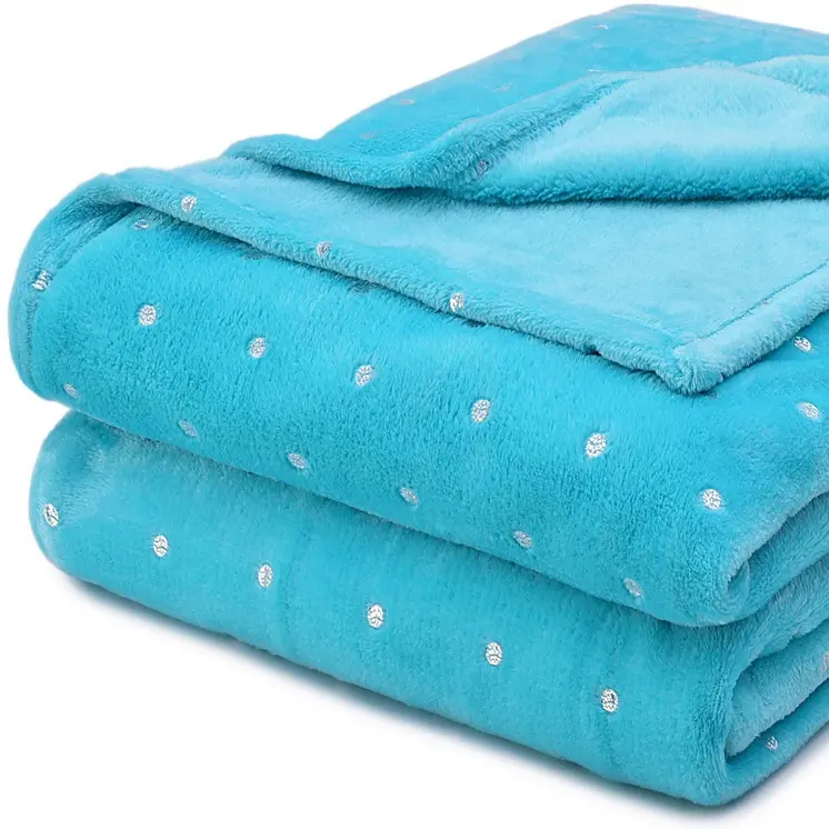 King Light Blue And Silver Fleece Woven Polka Dots Plush Blanket