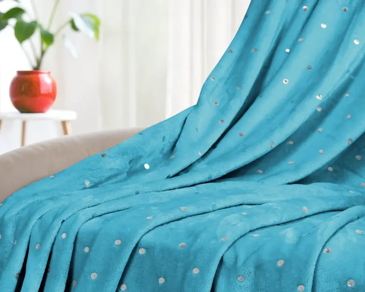 50" X 60" Light Blue And Silver Fleece Woven Polka Dots Plush Throw Blanket