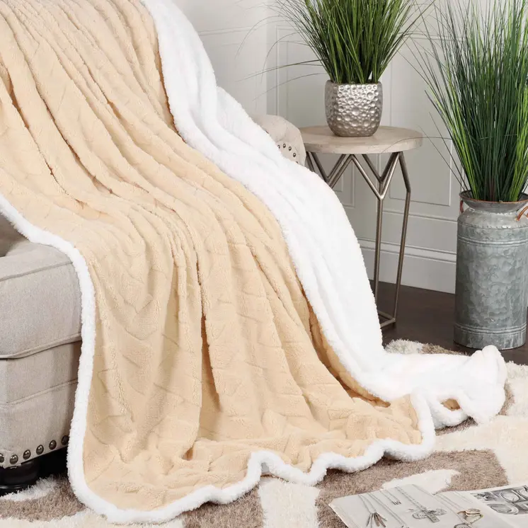 50" X 60" Cream Fleece Woven Geometric Plush Throw Blanket