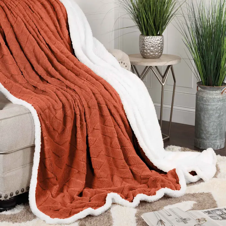 50" X 60" Rust Fleece Woven Geometric Plush Throw Blanket