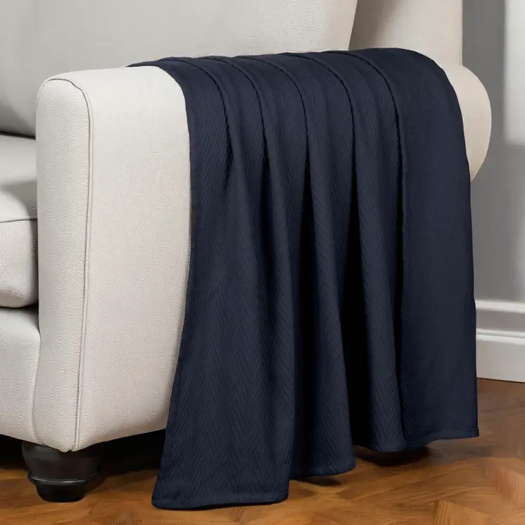 California King Navy Blue Cotton Woven Chevron Blanket