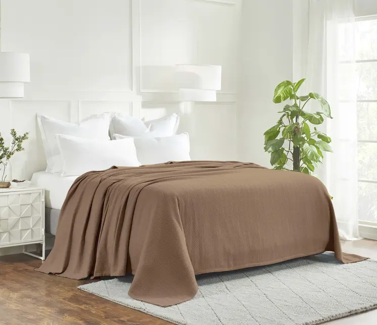 Queen Taupe Cotton Woven Chevron Blanket