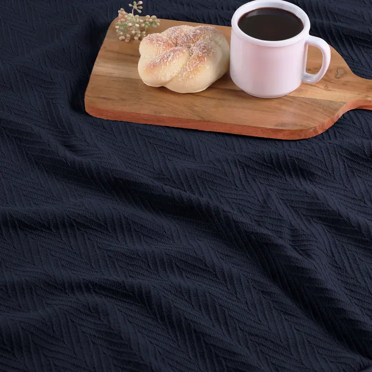 King Navy Blue Cotton Woven Chevron Blanket