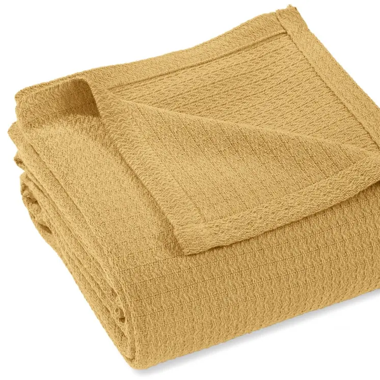 Twin Mustard Cotton Waffle Weave Honeycomb Blanket