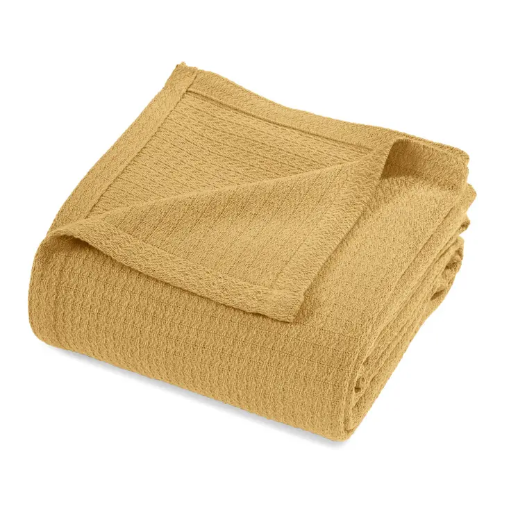 Twin Mustard Cotton Waffle Weave Honeycomb Blanket