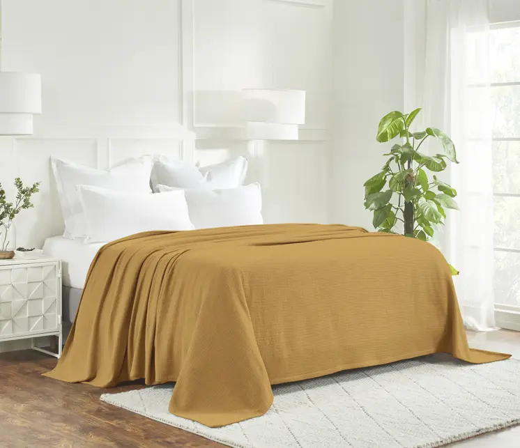 Twin Mustard Cotton Waffle Weave Honeycomb Blanket