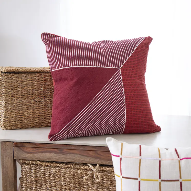 24" Red and White Geometric Cotton Throw Pillow With Embroidery