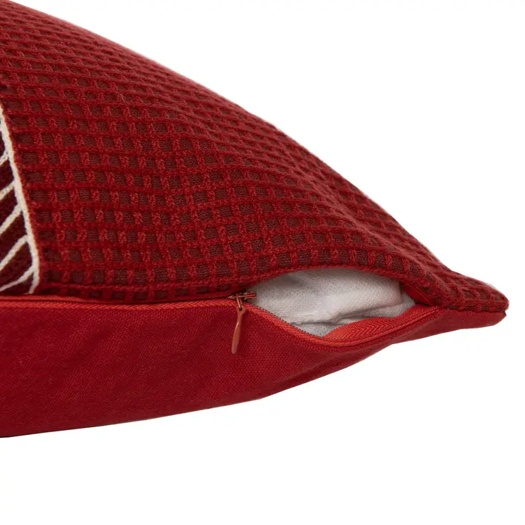 24" Red and White Geometric Cotton Throw Pillow With Embroidery