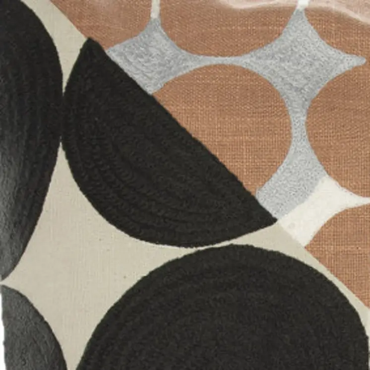 24" Beige and Black Geometric Cotton Throw Pillow With Embroidery