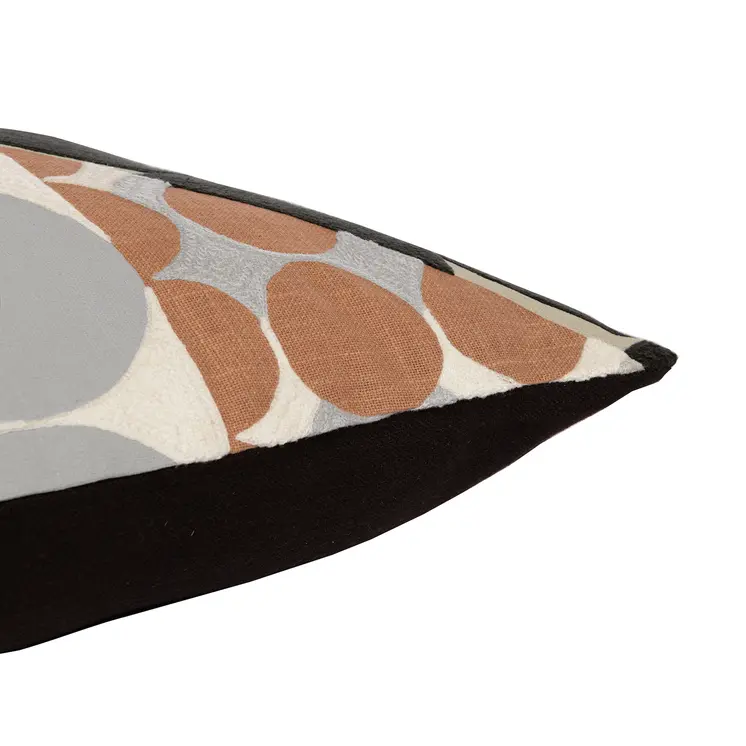 24" Beige and Black Geometric Cotton Throw Pillow With Embroidery