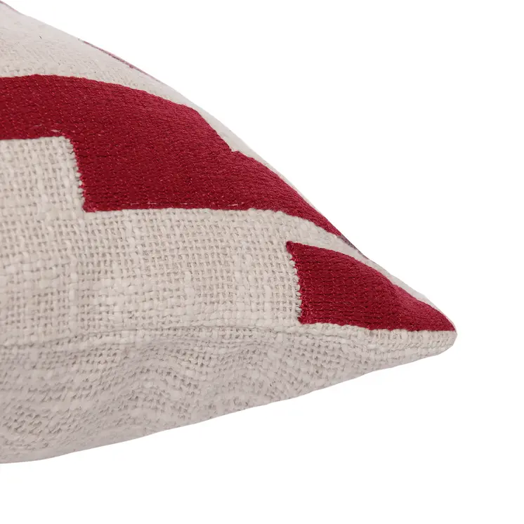 24" Red and Ivory Geometric Cotton Blend Throw Pillow With Embroidery