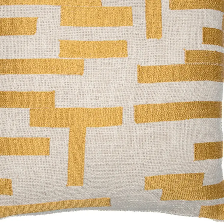 20" Yellow and Ivory Geometric Cotton Blend Throw Pillow With Embroidery