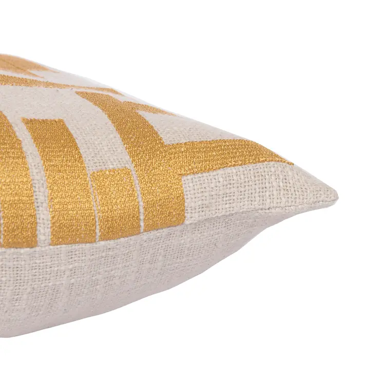 24" Yellow and Ivory Geometric Cotton Blend Throw Pillow With Embroidery