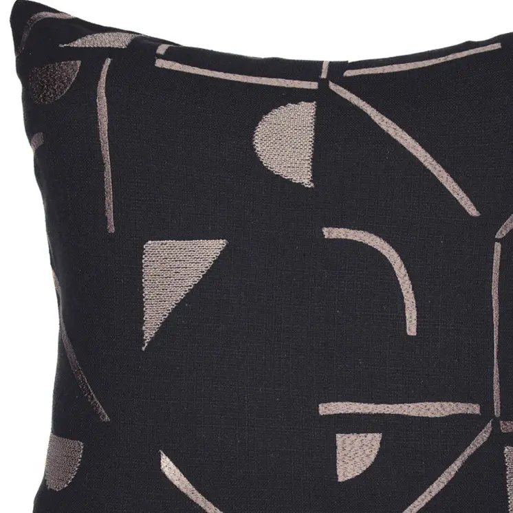 20" Beige and Black Geometric Cotton Blend Throw Pillow With Embroidery